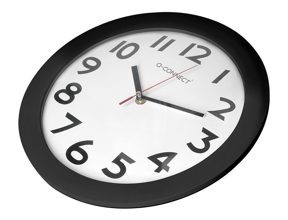 HORLOGE Q-CONNECT MURALE PLASTIQUE DESIGN ACTUEL NUMÉROS NOIRS FOND BLANC 1 PILE AA NON FOURNIE DIAMÈTRE 30CM NOIR