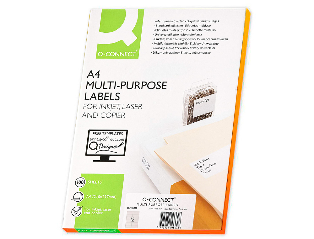 ÉTIQUETTE ADHÉSIVE Q-CONNECT 105X48MM COINS DROITS IMPRIMANTE JET D'ENCRE LASER COPIEUR BOÎTE 100 FEUILLES 1200 UNITÉS