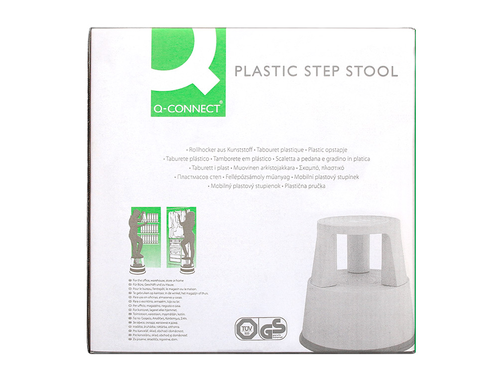 TABOURET Q-CONNECT PLASTIQUE ROUES CAOUTCHOUC RÉTRACTABLES 2 NIVEAUX BASE 44CM HAUTEUR 43CM POIDS 2.9KG COLORIS GRIS