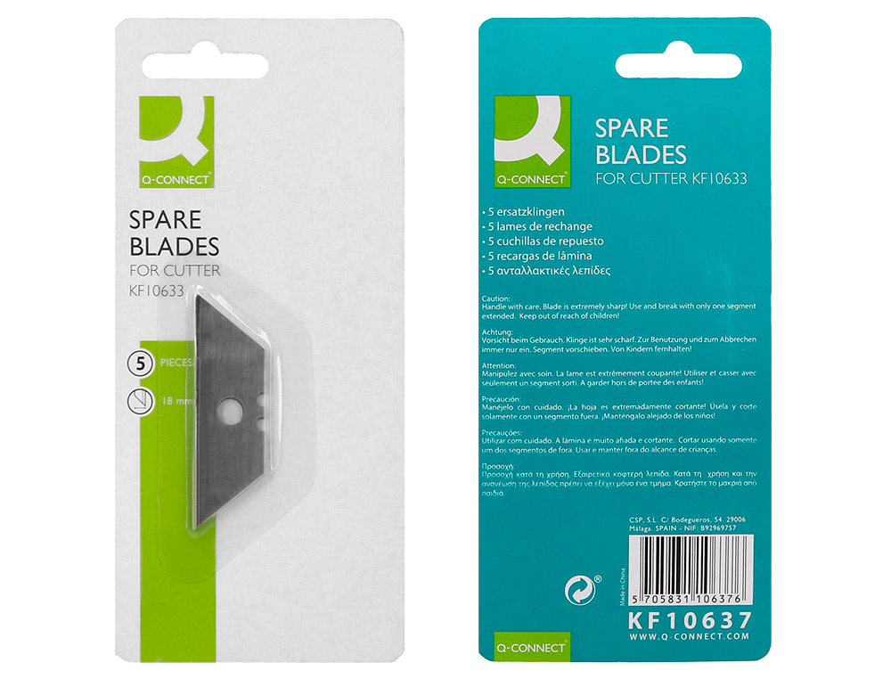 LAME RECHANGE Q-CONNECT CUTTER UNIVERSEL 18MM BLISTER 5 UNITÉS