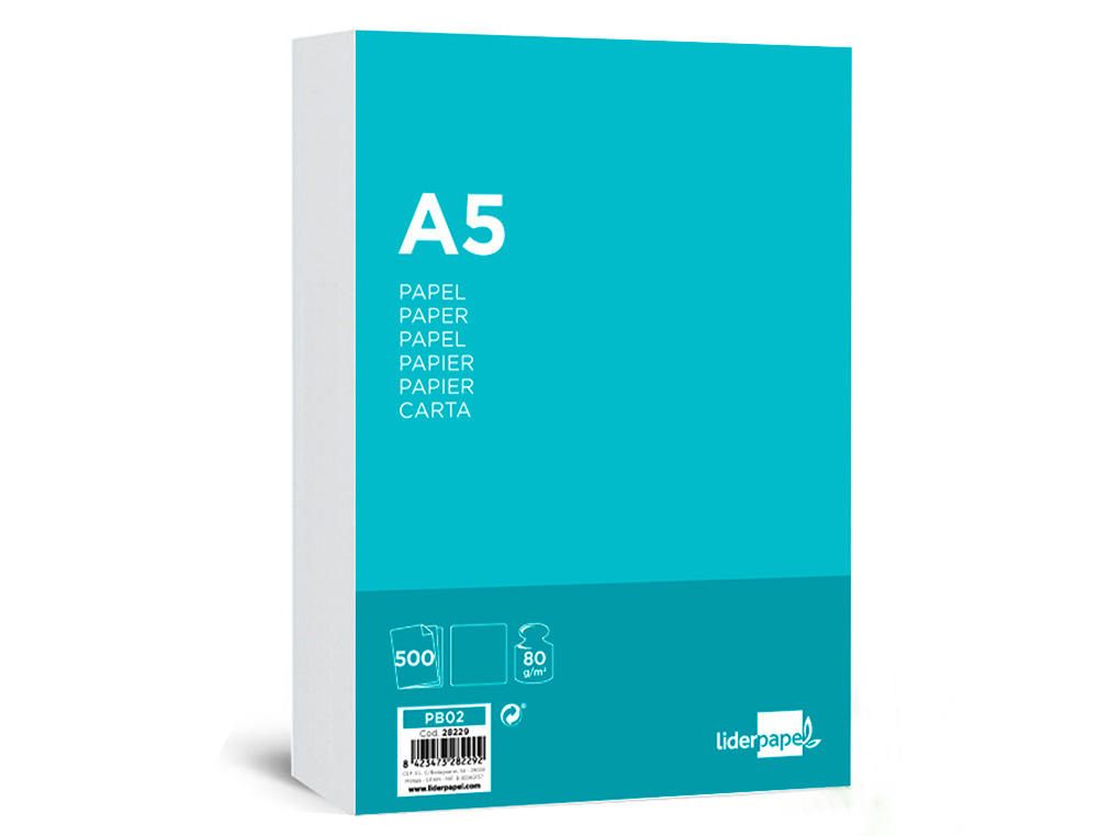 PAPIER ÉCRITURE LIDERPAPEL A5 148X210MM BLANCHEUR EXTRA OPACITÉ 80G/M2 PAQUET 500 FEUILLES