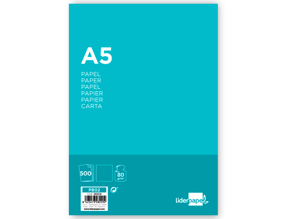 PAPIER ÉCRITURE LIDERPAPEL A5 148X210MM BLANCHEUR EXTRA OPACITÉ 80G/M2 PAQUET 500 FEUILLES