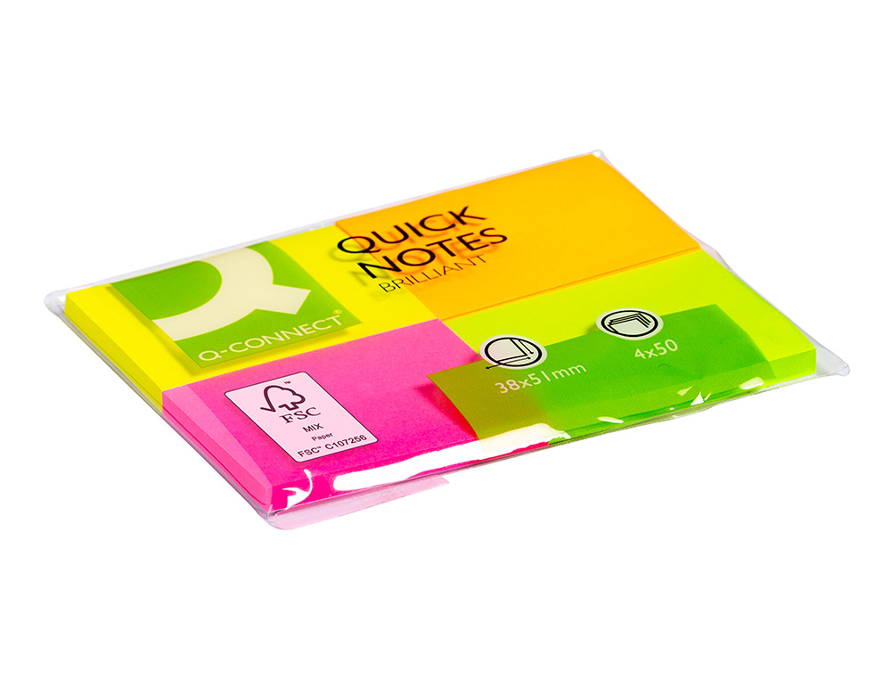BLOC-NOTES Q-CONNECT COULEURS NÉON 38X51MM 80F REPOSITIONNABLES COLORIS ASSORTIS 4 BLOCS