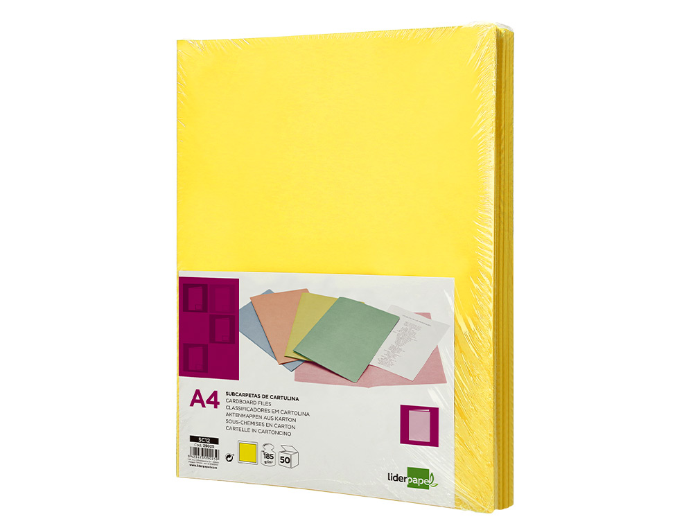 SOUS-CHEMISE LIDERPAPEL PAPIER CARTONNÉ 180G 310X230MM DOCUMENT A4 210X297MM COLORIS PASTEL JAUNE INTENSE