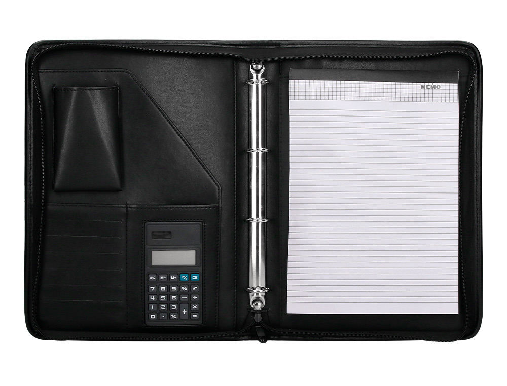 CONFÉRENCIER A4 CALCULATRICE PLASTIQUE FERMETURE ÉCLAIR POCHETTE TÉLÉPHONE PORTABLE 4 ANNEAUX 40MM 35,5X26X1CM NOIR
