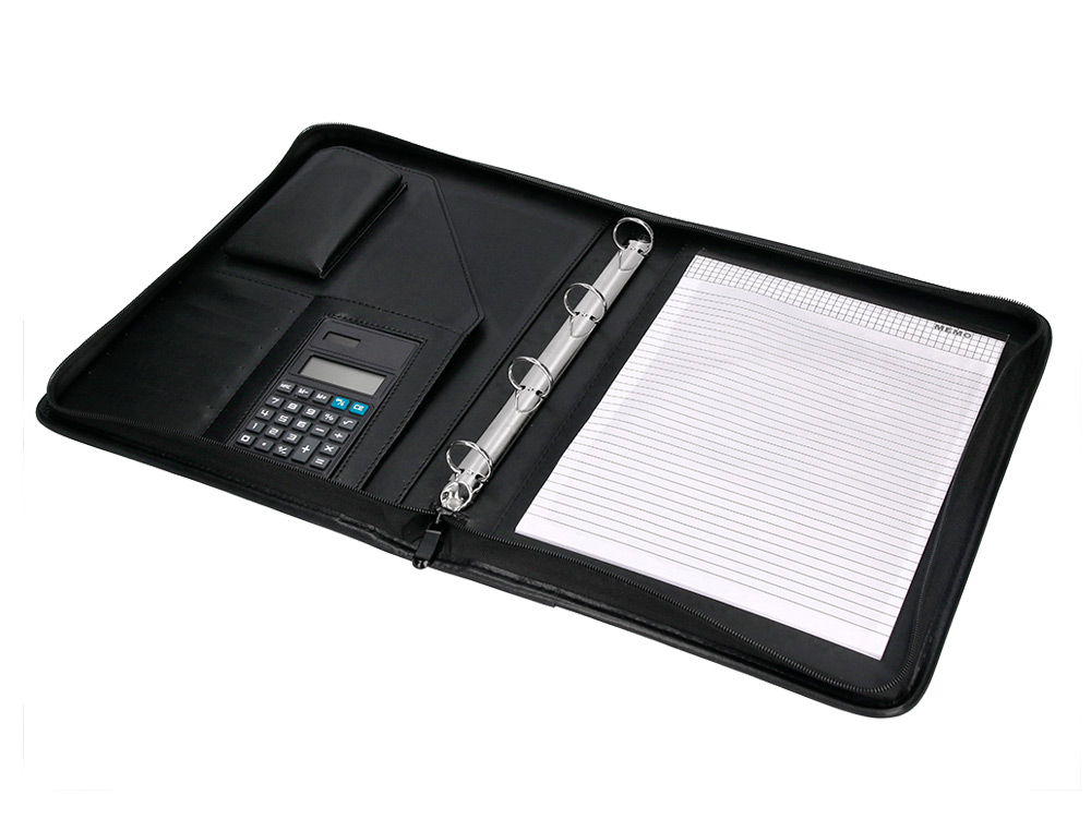CONFÉRENCIER A4 CALCULATRICE PLASTIQUE FERMETURE ÉCLAIR POCHETTE TÉLÉPHONE PORTABLE 4 ANNEAUX 40MM 35,5X26X1CM NOIR