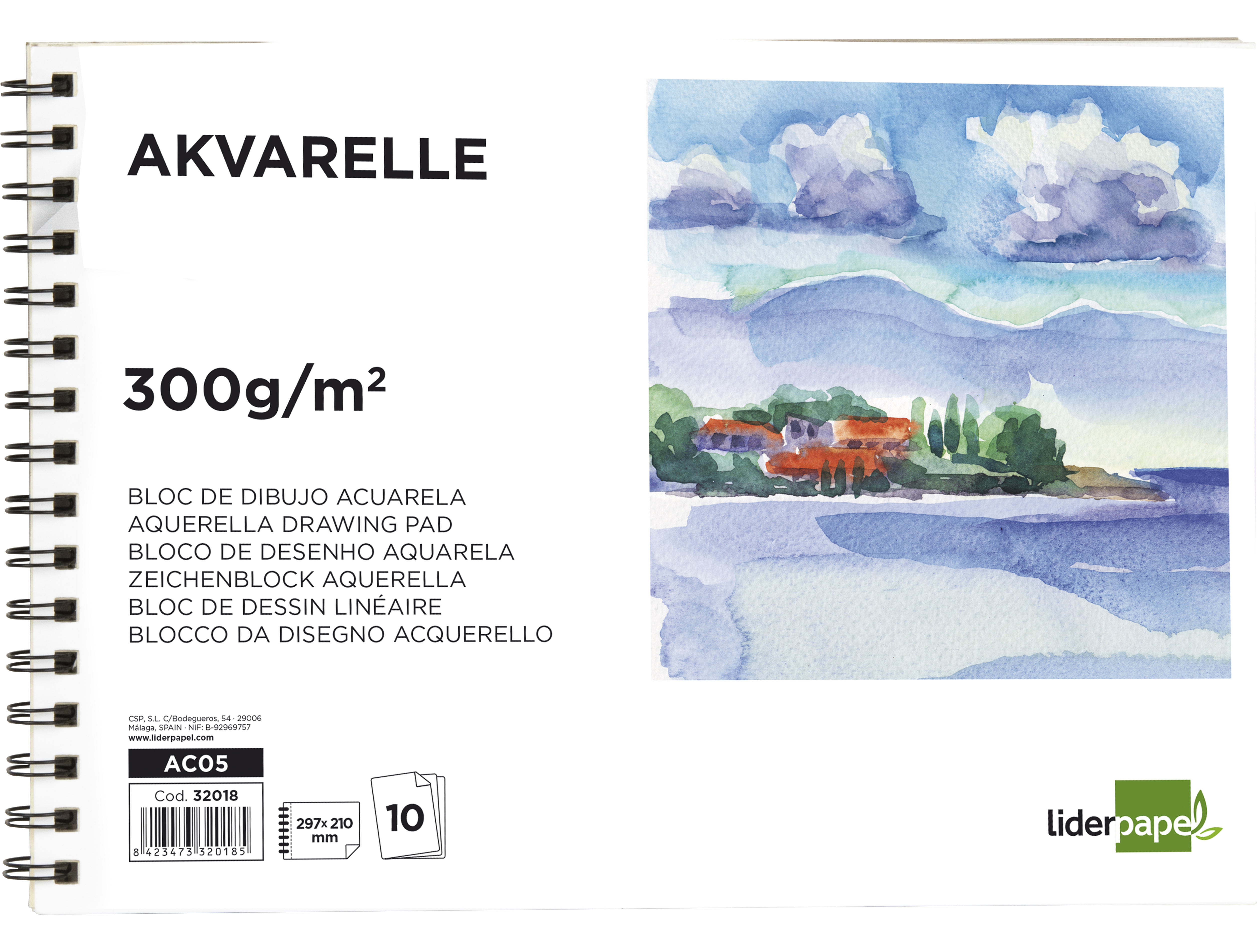 BLOC DESSIN LIDERPAPEL AQUARELLE SPIRALE PAPIER GRAIN MOYEN LISSE 300G/M2 FORMAT A4 297X210MM 10F
