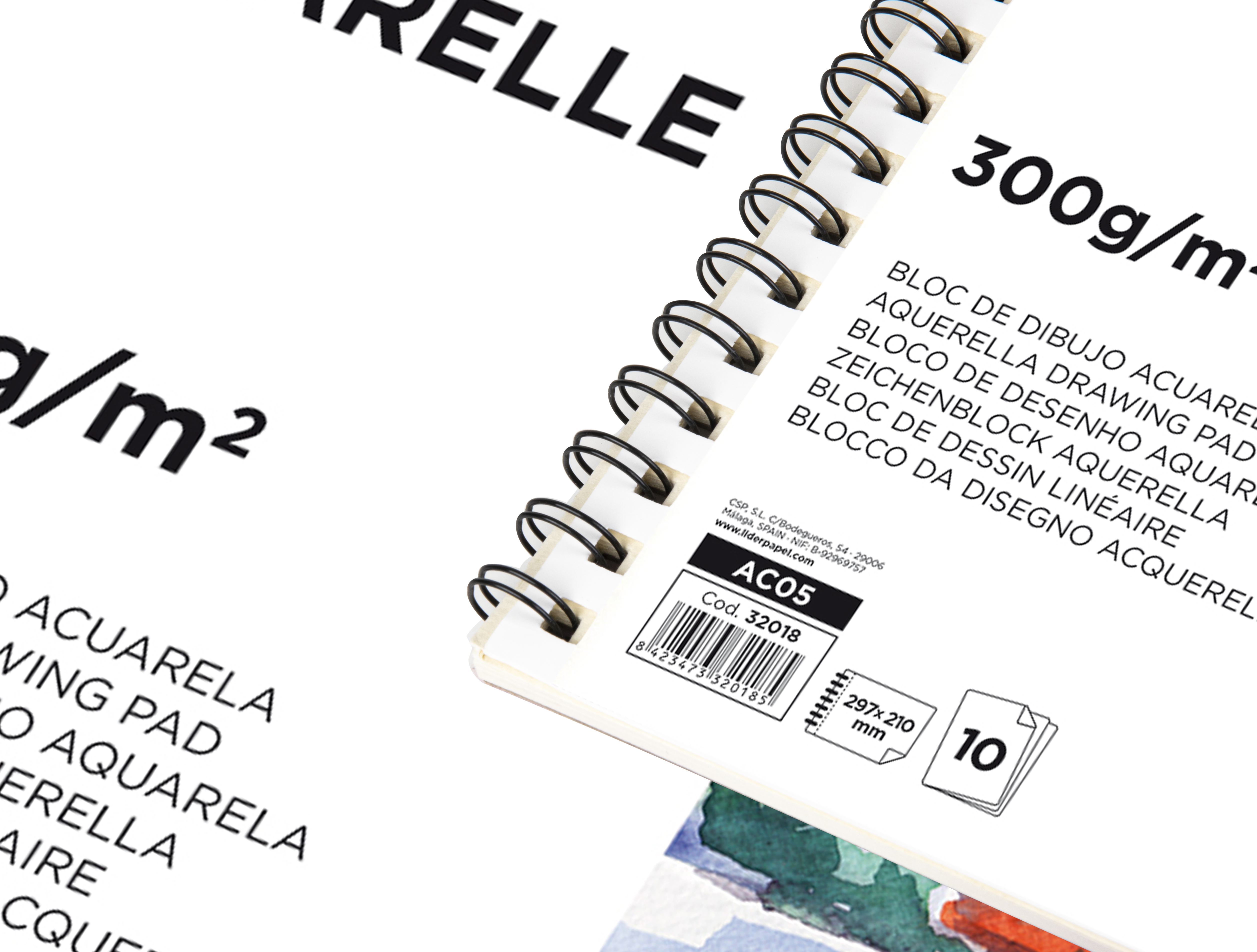 BLOC DESSIN LIDERPAPEL AQUARELLE SPIRALE PAPIER GRAIN MOYEN LISSE 300G/M2 FORMAT A4 297X210MM 10F
