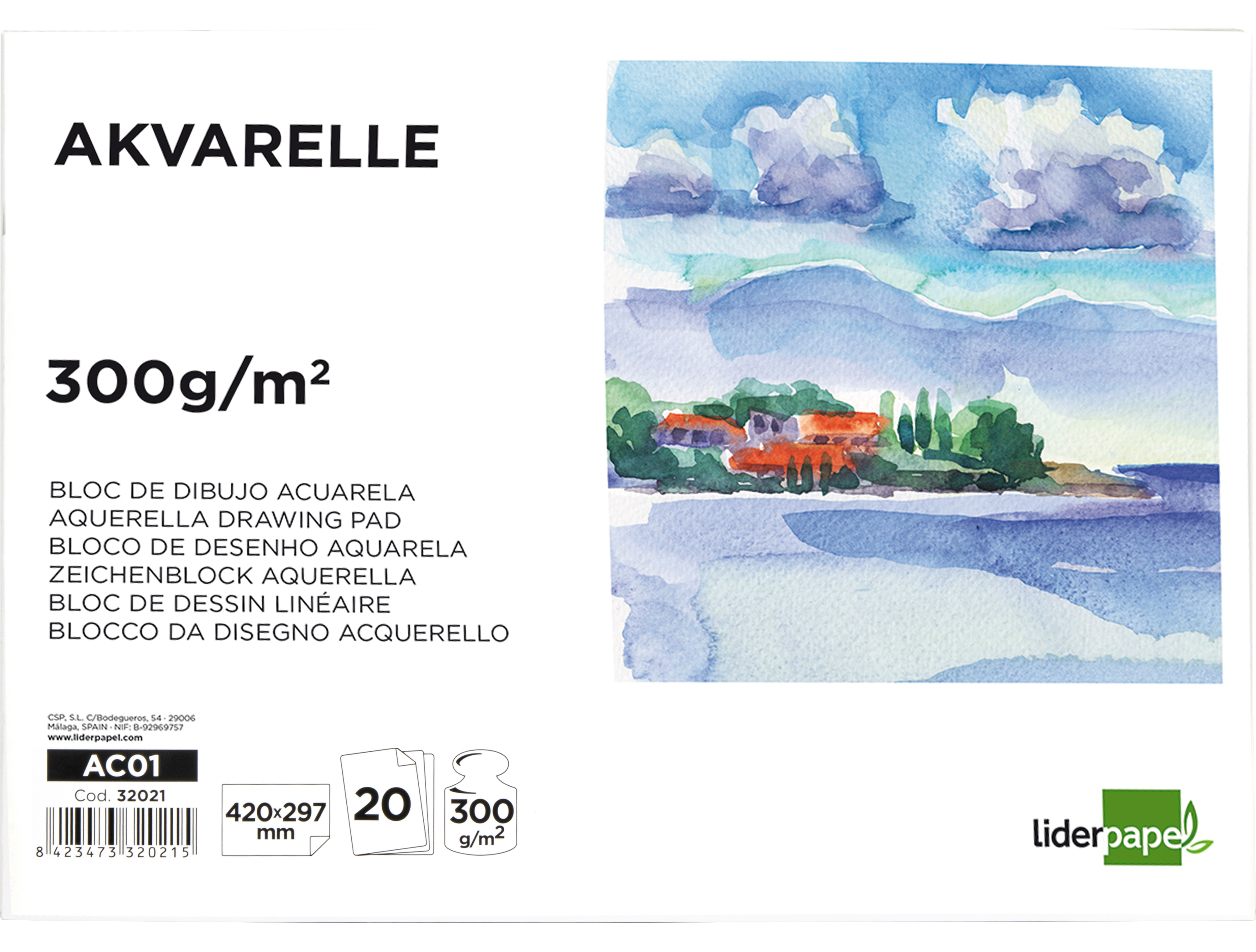 BLOC DESSIN LIDERPAPEL AQUARELLE ENCOLLÉ PAPIER GRAIN MOYEN LISSE 300G/M2 FORMAT A3 420X297MM 20F