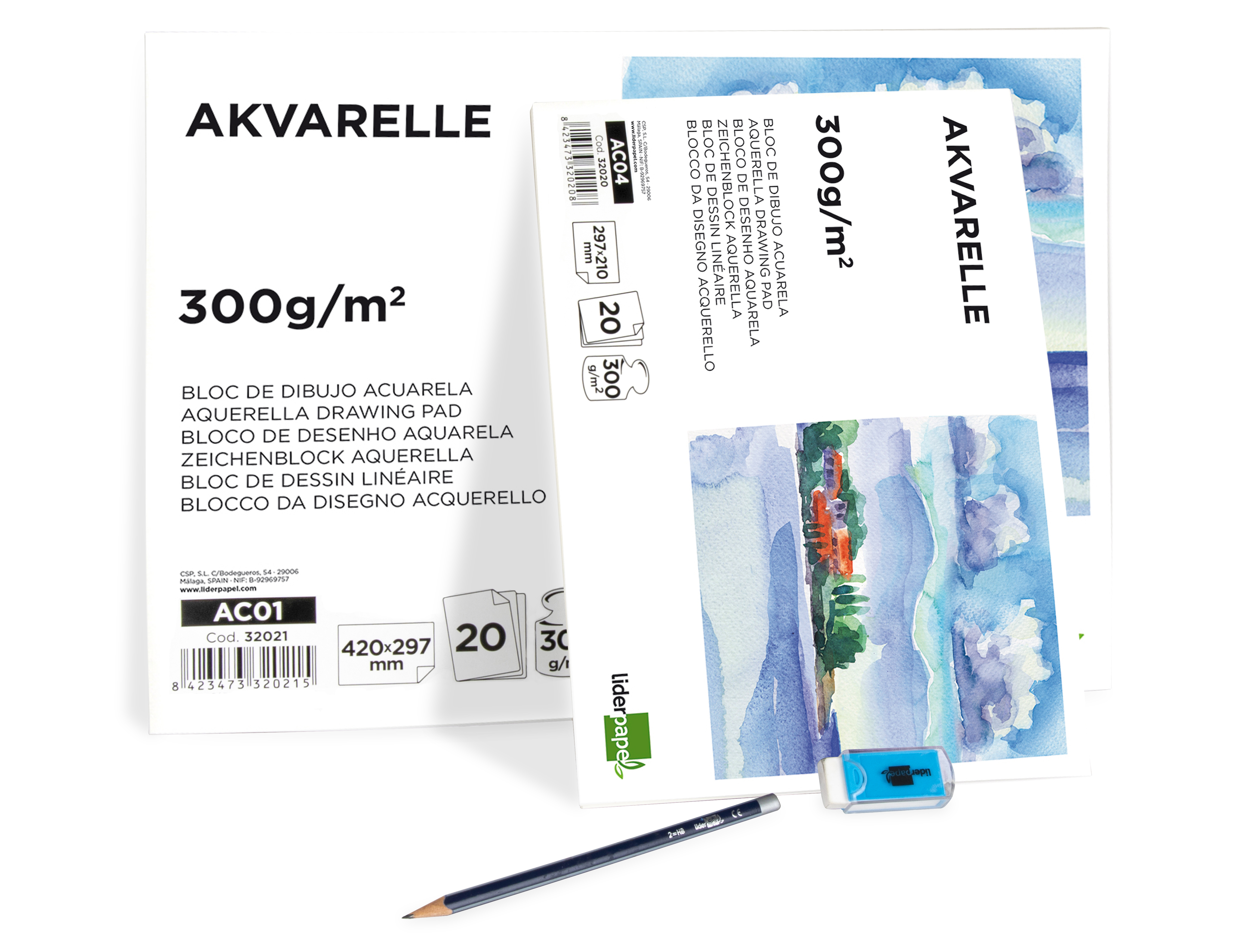 BLOC DESSIN LIDERPAPEL AQUARELLE ENCOLLÉ PAPIER GRAIN MOYEN LISSE 300G/M2 FORMAT A3 420X297MM 20F