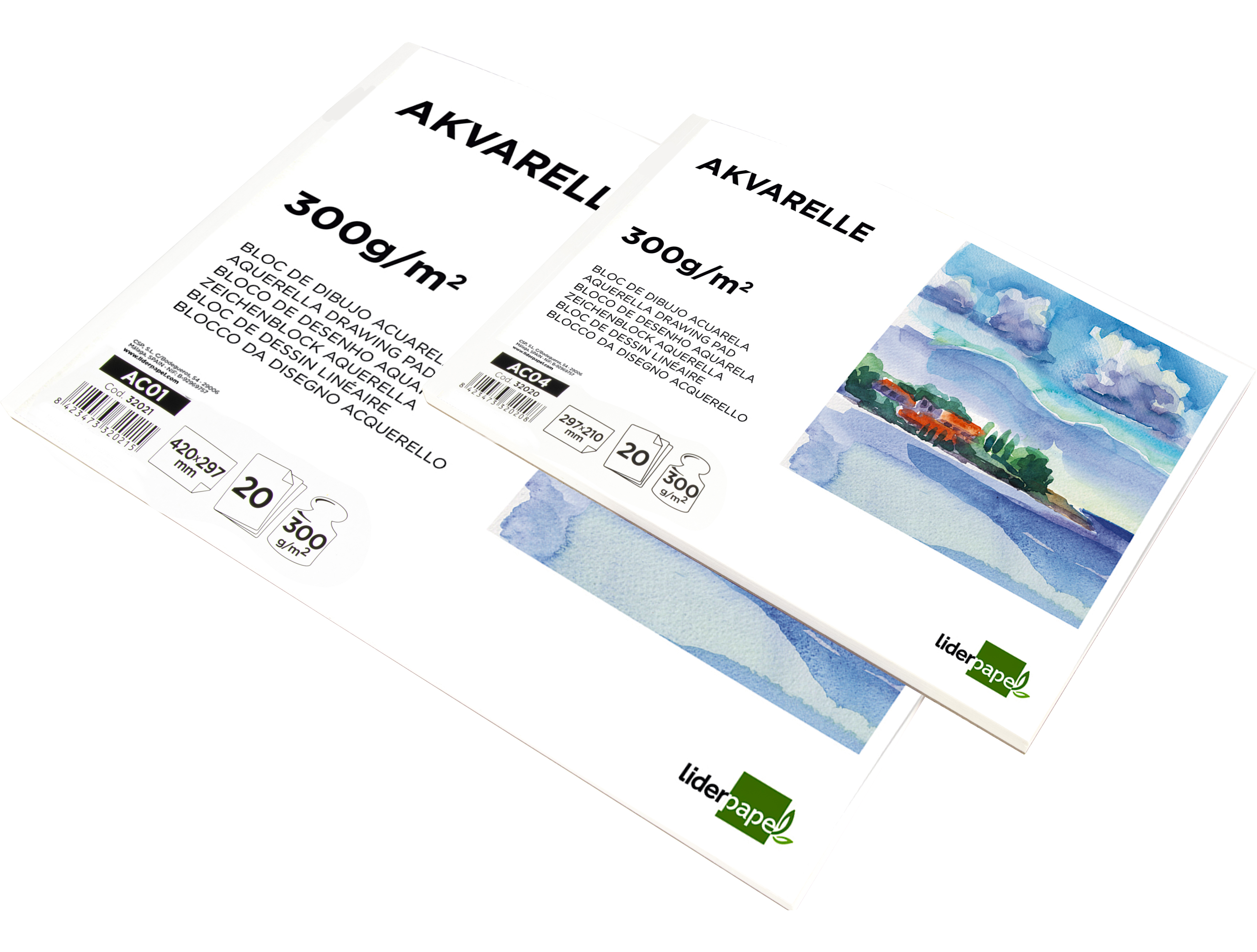 BLOC DESSIN LIDERPAPEL AQUARELLE ENCOLLÉ PAPIER GRAIN MOYEN LISSE 300G/M2 FORMAT A3 420X297MM 20F