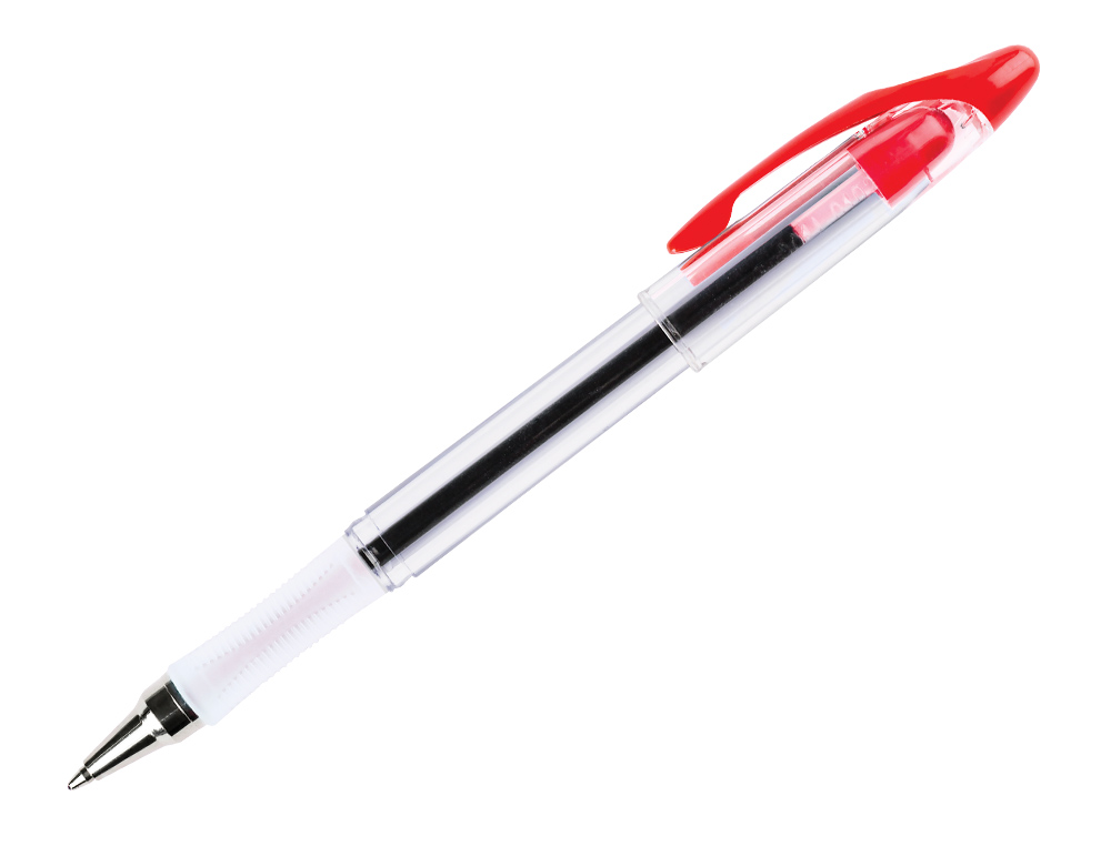 STYLO-BILLE Q-CONNECT TRANSPARENT TRAIT 0.4MM POINTE MOYENNE 0.7MM ENCRE DOUCE GRIP CAOUTCHOUC COLORIS ROUGE
