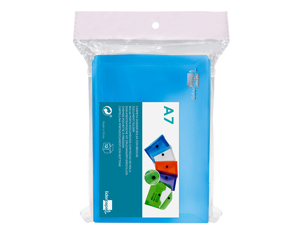 POCHETTE ENVELOPPE LIDERPAPEL POLYPROPYLÈNE 180 MICRONS A7 105X74MM 50F FERMETURE BOUTON RÉSISTANT TRANSPARENT BLEU