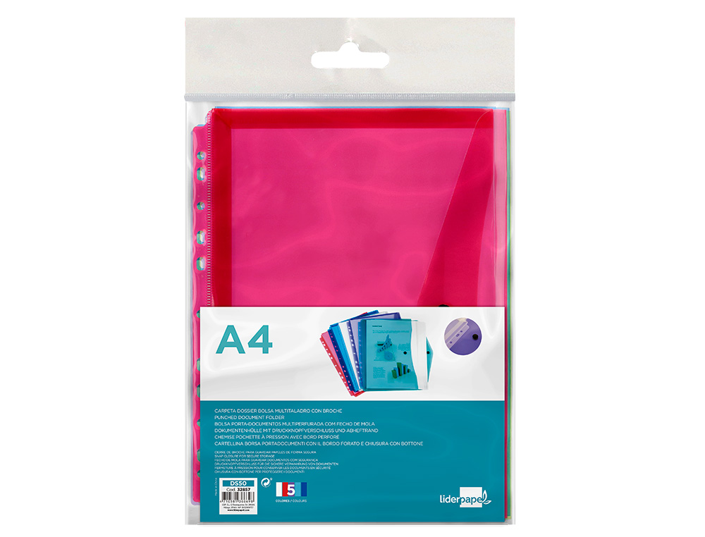 POCHETTE ENVELOPPE LIDERPAPEL POLYPROPYLÈNE 180 MICRONS A4 210X297MM 50F RÉSISTANT PERFORÉE COLORIS ASSORTIS PACK 5U