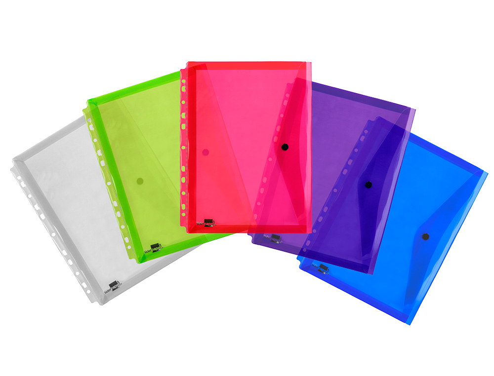POCHETTE ENVELOPPE LIDERPAPEL POLYPROPYLÈNE 180 MICRONS A4 210X297MM 50F RÉSISTANT PERFORÉE COLORIS ASSORTIS PACK 5U