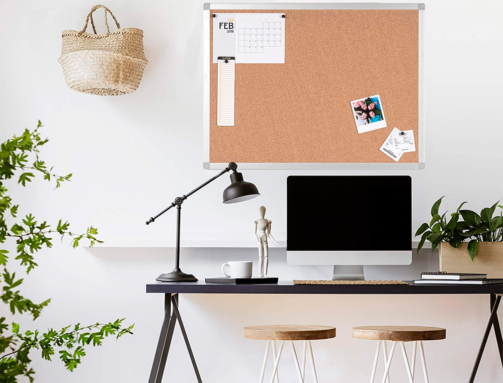 TABLEAU LIÈGE Q-CONNECT MURAL CADRE ALUMINIUM ARGENTÉ MAT COINS PLASTIQUES FIXATION MUR ÉPAISSEUR 5MM 200X100CM