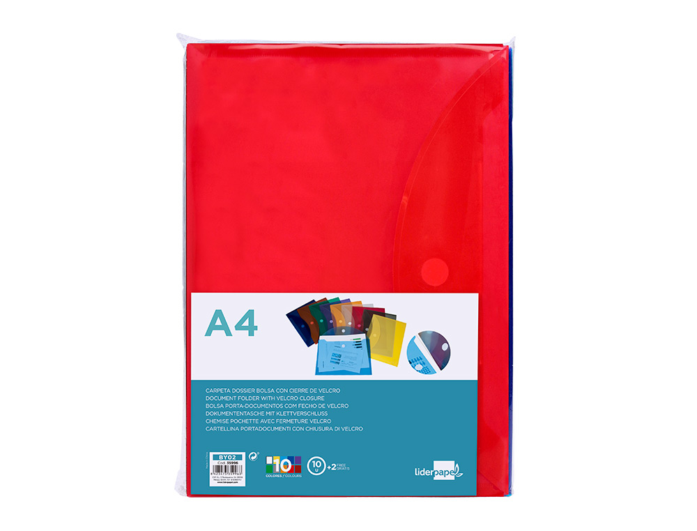 POCHETTE ENVELOPPE LIDERPAPEL POLYPROPYLÈNE 180 MICRONS A4 297X210MM FERMETURE VELCRO COLORIS ASSORTIS PACK 12 UNITÉS