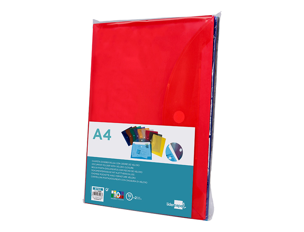 POCHETTE ENVELOPPE LIDERPAPEL POLYPROPYLÈNE 180 MICRONS A4 297X210MM FERMETURE VELCRO COLORIS ASSORTIS PACK 12 UNITÉS