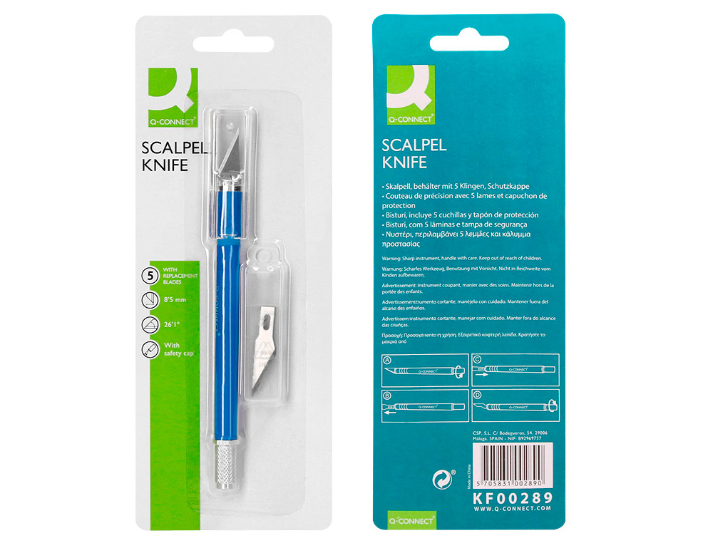 CUTTER BISTOURI Q-CONNECT EN GOMME LAME 6MM FIXE AVEC      CAPUCHON DE PROTECTION 5 LAMESDE RECHANGE INCLUSES