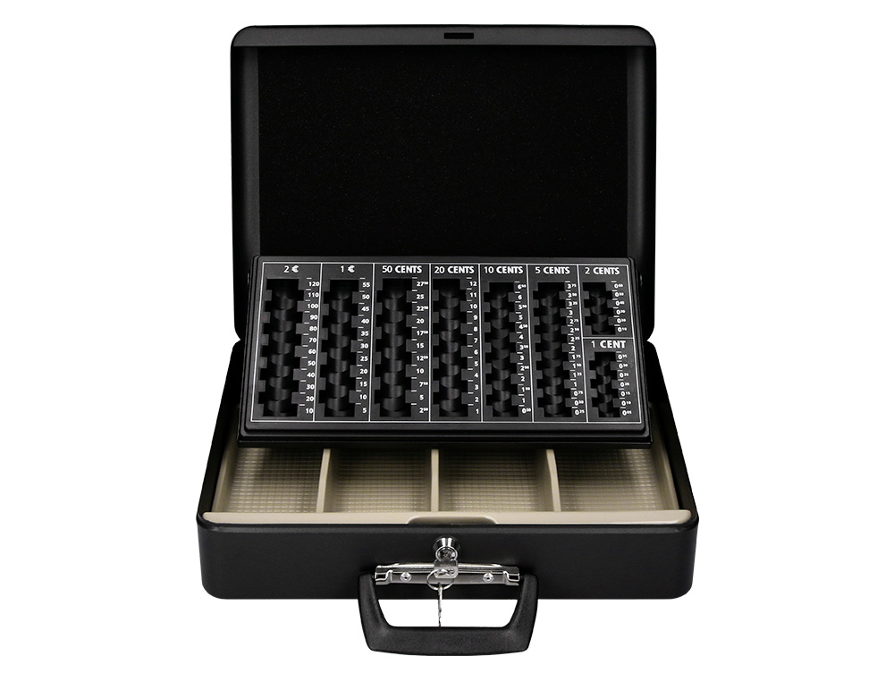 CAISSE MONNAIE Q-CONNECT STRUCTURE ACIER 0.8MM ÉPAISSEUR PLATEAU AMOVIBLE ESPACE BILLETS 370X110X290MM COLORIS NOIR