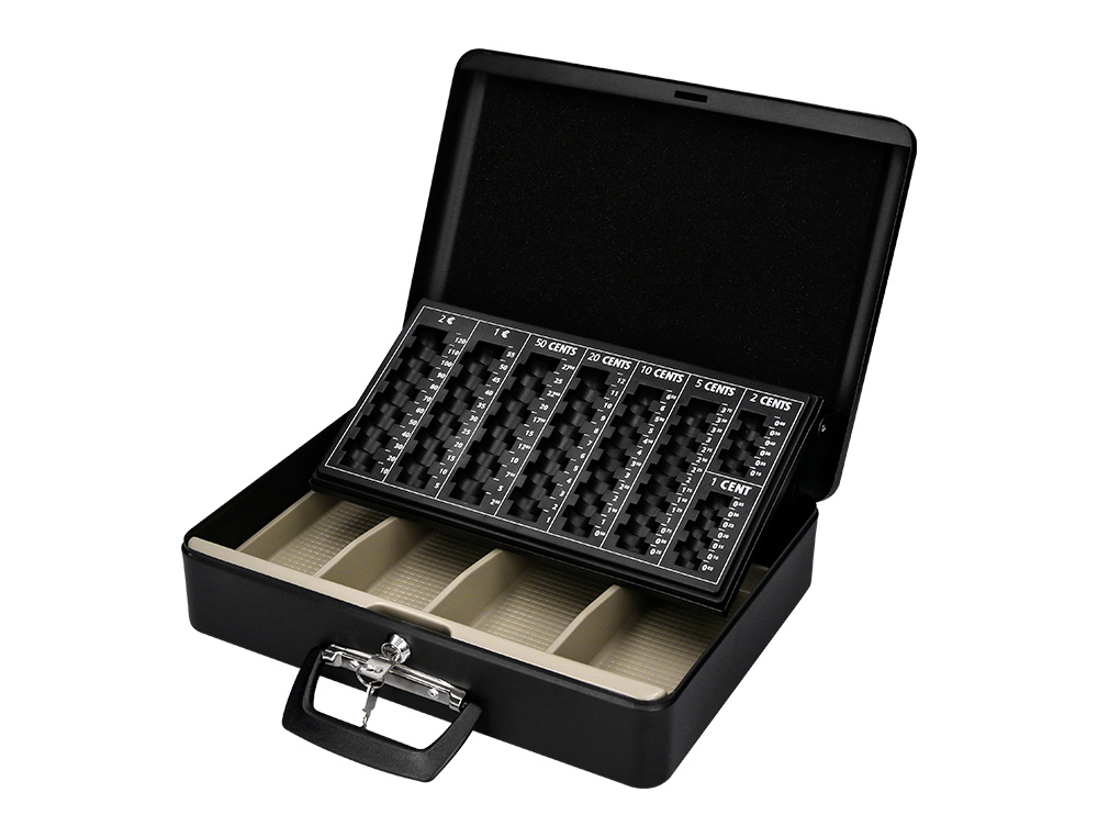 CAISSE MONNAIE Q-CONNECT STRUCTURE ACIER 0.8MM ÉPAISSEUR PLATEAU AMOVIBLE ESPACE BILLETS 370X110X290MM COLORIS NOIR