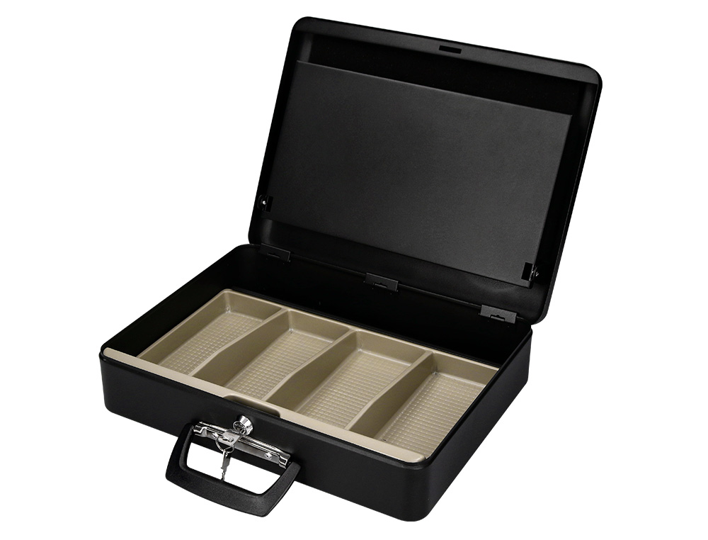 CAISSE MONNAIE Q-CONNECT STRUCTURE ACIER 0.8MM ÉPAISSEUR PLATEAU AMOVIBLE ESPACE BILLETS 370X110X290MM COLORIS NOIR