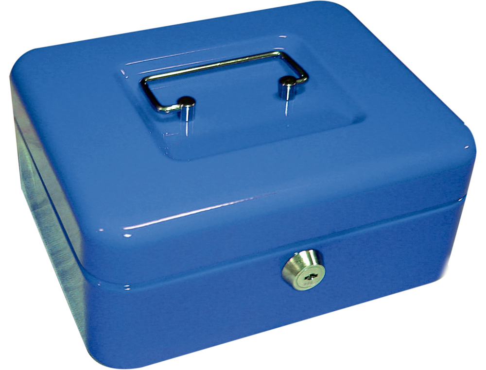 CAISSE MONNAIE Q-CONNECT STRUCTURE ACIER 0.8MM ÉPAISSEUR PLATEAU AMOVIBLE ESPACE BILLETS 200X160X90MM COLORIS BLEU