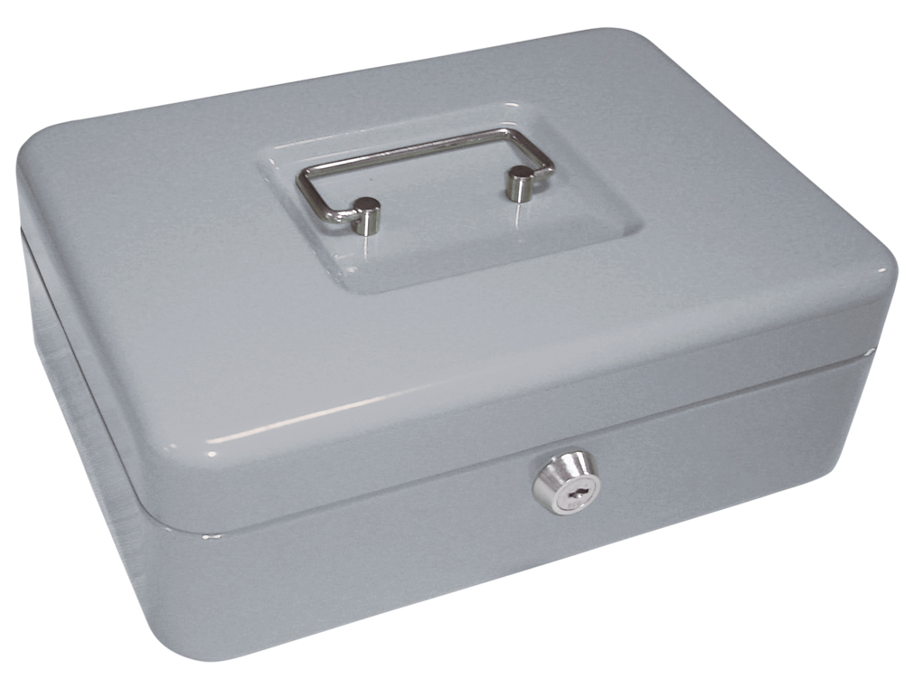 CAISSE MONNAIE Q-CONNECT STRUCTURE ACIER 0.8MM ÉPAISSEUR PLATEAU AMOVIBLE ESPACE BILLETS 250X180X90MM COLORIS ARGENT