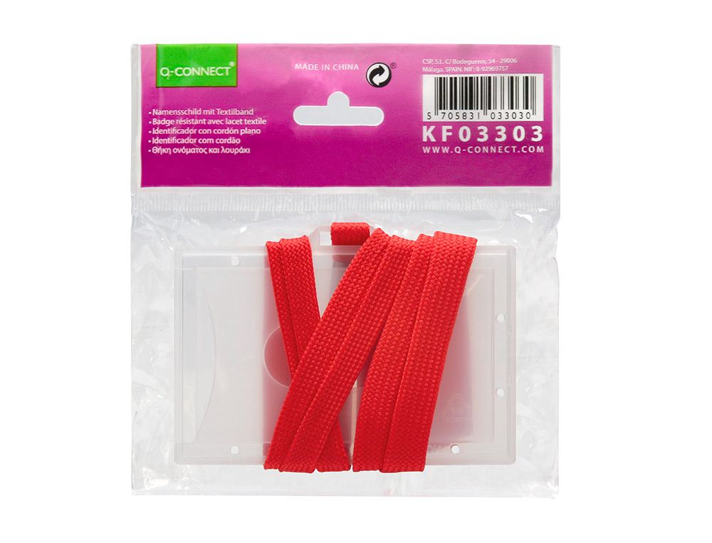 BADGE Q-CONNECT LACET ROUGE PLASTIQUE RIGIDE CONGRÈS FOIRES ENTREPRISES INTÉRIEUR CARTE BLANCHE ROUGE 94X60MM