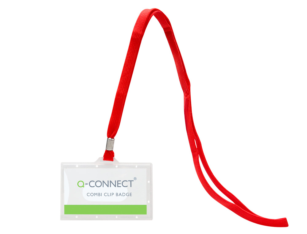 BADGE Q-CONNECT LACET ROUGE PLASTIQUE RIGIDE CONGRÈS FOIRES ENTREPRISES INTÉRIEUR CARTE BLANCHE ROUGE 94X60MM