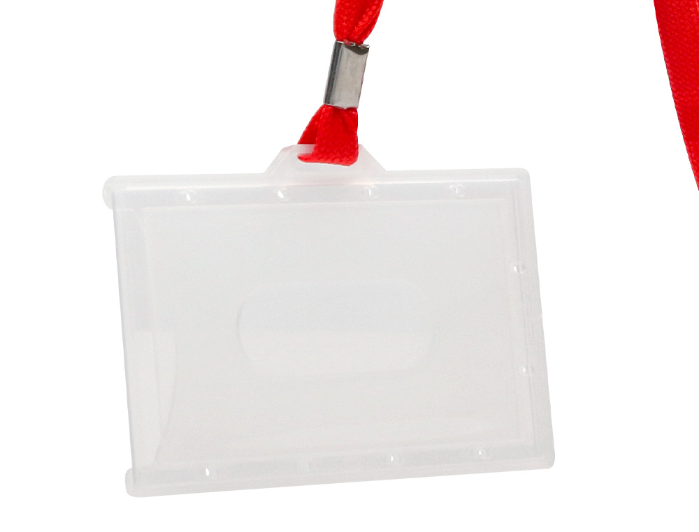 BADGE Q-CONNECT LACET ROUGE PLASTIQUE RIGIDE CONGRÈS FOIRES ENTREPRISES INTÉRIEUR CARTE BLANCHE ROUGE 94X60MM