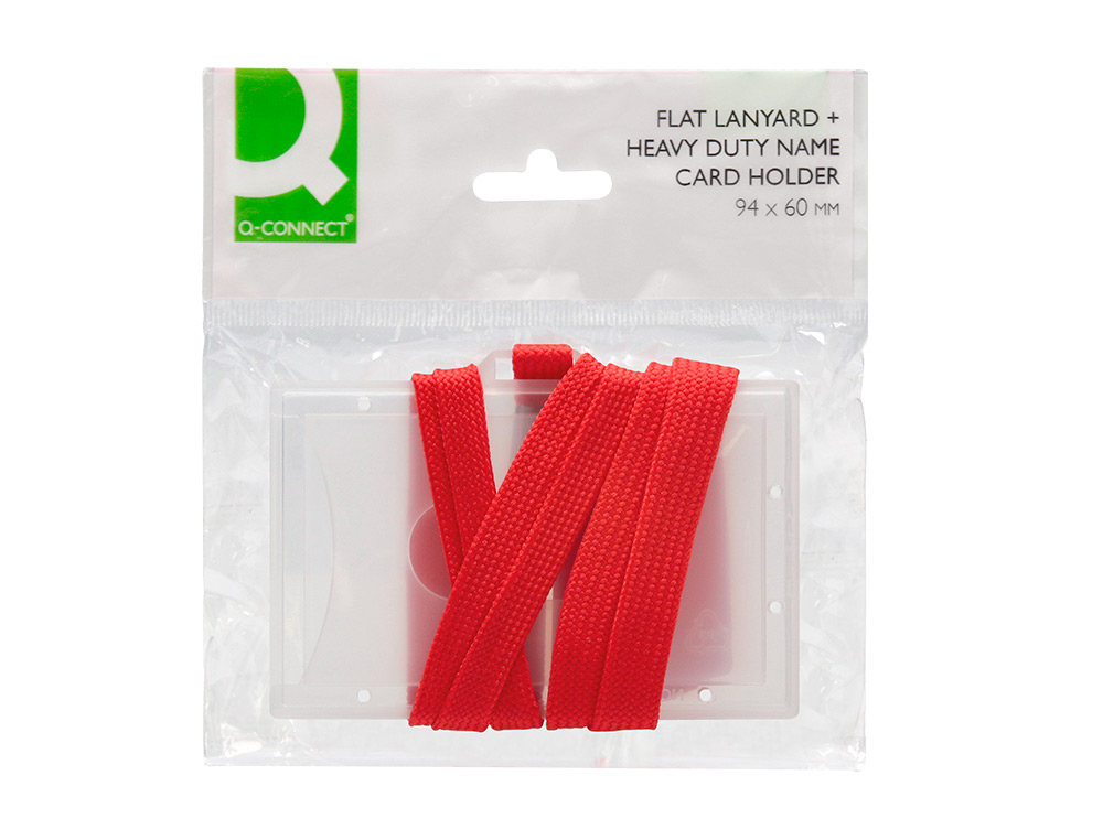 BADGE Q-CONNECT LACET ROUGE PLASTIQUE RIGIDE CONGRÈS FOIRES ENTREPRISES INTÉRIEUR CARTE BLANCHE ROUGE 94X60MM