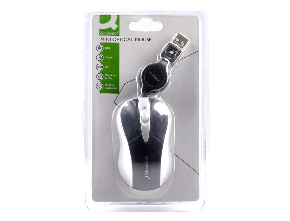 SOURIS MINI Q-CONNECT FILAIRE OPTIQUE 800DPI 3 BOUTONS MOLETTE MOUVEMENT HORIZONTAL VERTICAL USB COLORIS NOIR