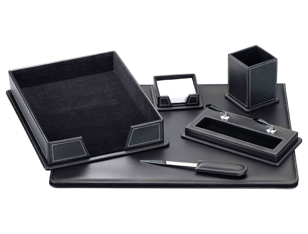 ENSEMBLE BUREAU 6 PIÈCES SIMILICUIR SOUS-MAIN OUVRE-LETTRES PORTE-NOTES CORBEILLE PORTE STYLO POT CRAYONS 40X50CM NOIR