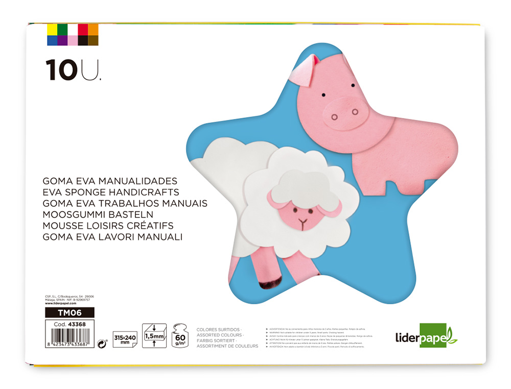 FEUILLE MOUSSE LIDERPAPEL A4+ 240X315MM 60G/M2 ÉPAISSEUR 1.5MM COLORIS ASSORTIS BLOC 10 FEUILLES