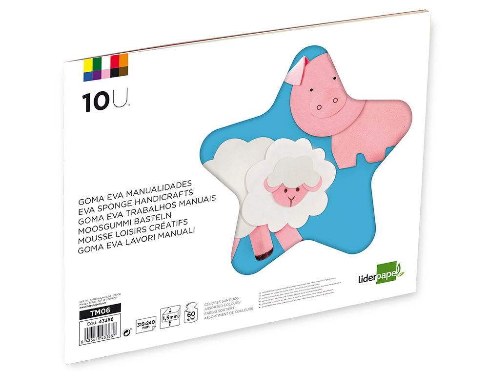 FEUILLE MOUSSE LIDERPAPEL A4+ 240X315MM 60G/M2 ÉPAISSEUR 1.5MM COLORIS ASSORTIS BLOC 10 FEUILLES
