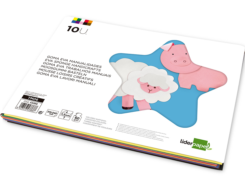 FEUILLE MOUSSE LIDERPAPEL A4+ 240X315MM 60G/M2 ÉPAISSEUR 1.5MM COLORIS ASSORTIS BLOC 10 FEUILLES
