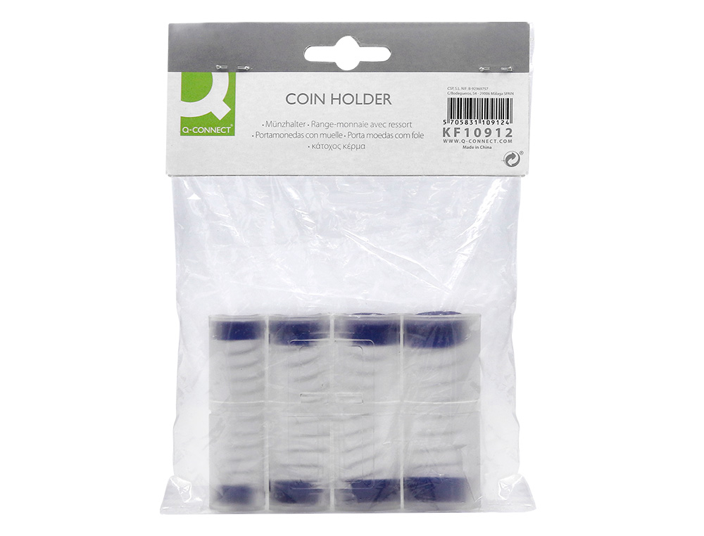 CASIER MONNAYEUR Q-CONNECT SOUFFLET 8 FRACTIONS EUROS 75X105X32MM COLORIS TRANSPARENT/BLEU