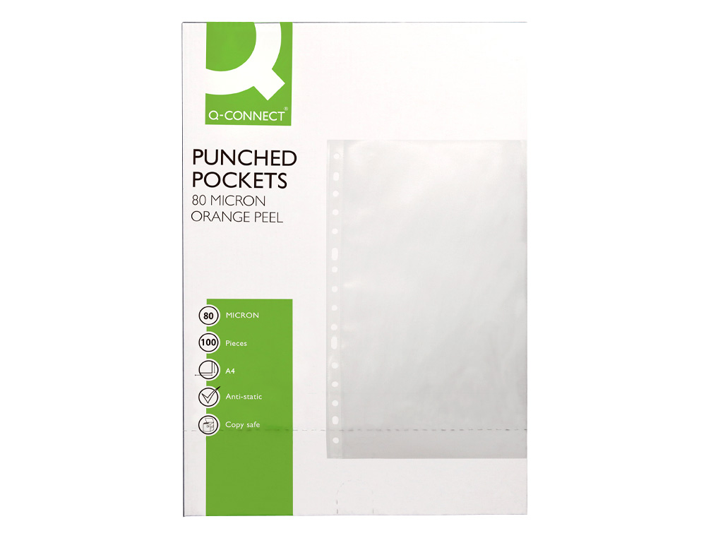 POCHETTE Q-CONNECT POLYPROPYLNE GRAIN 8/100E PERFORE ANTISTATIQUE A4 210X297MM BTE DE 100