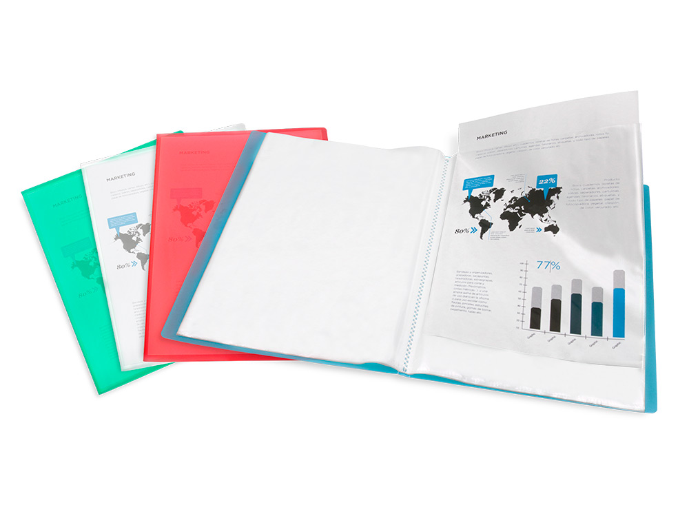 PROTÈGE-DOCUMENTS LIDERPAPEL POLYPROPYLÈNE COUVERTURE FLEXIBLE 20 POCHETTES FIXES COLORIS BLEU TRANSLUCIDE