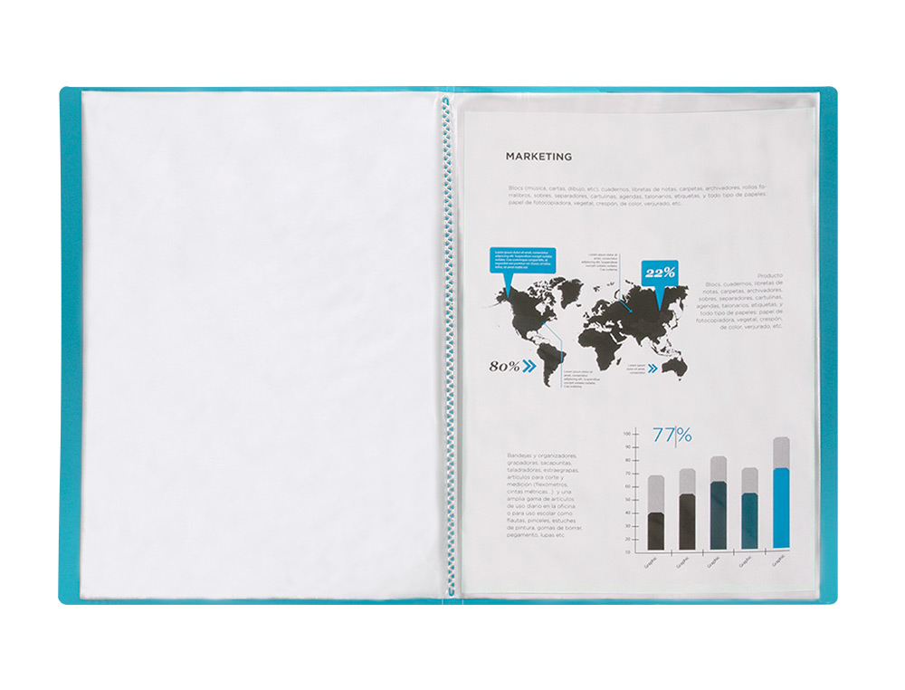 PROTÈGE-DOCUMENTS LIDERPAPEL POLYPROPYLÈNE COUVERTURE FLEXIBLE 20 POCHETTES FIXES COLORIS BLEU TRANSLUCIDE