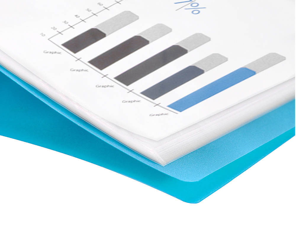 PROTÈGE-DOCUMENTS LIDERPAPEL POLYPROPYLÈNE COUVERTURE FLEXIBLE 20 POCHETTES FIXES COLORIS BLEU TRANSLUCIDE