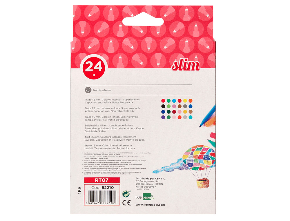 FEUTRE COLORIAGE LIDERPAPEL SLIM LONGUEUR ÉCRITURE 800M POINTE NYLON 2MM DIAMÈTRE ÉTUI CARTON 24 UNITÉS