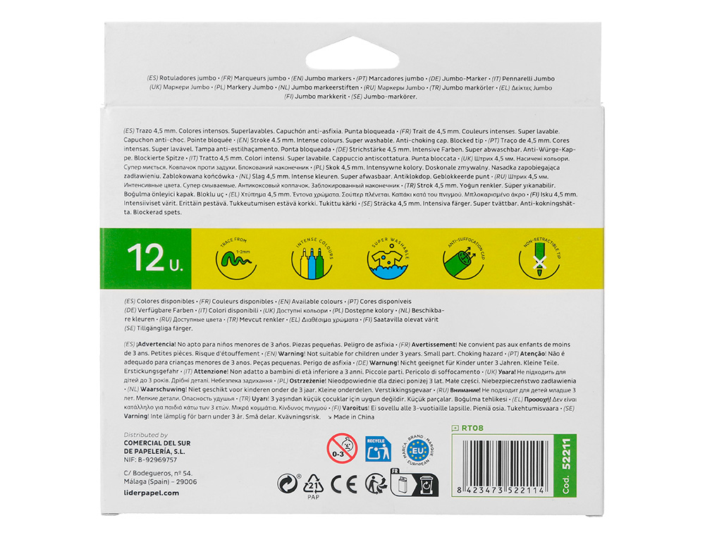 FEUTRE COLORIAGE LIDERPAPEL JUMBO LONGUEUR ÉCRITURE 800M POINTE NYLON 5MM DIAMÈTRE ÉTUI PLASTIQUE 12 UNITÉS