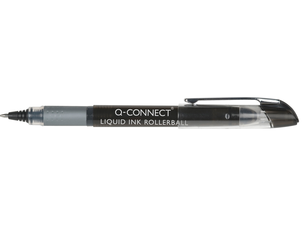 ROLLER Q-CONNECT ÉCRITURE 0.5MM POINTE MOYENNE 0.7MM GRIP CAOUTCHOUC CORPS TRANSPARENT ENCRE LIQUIDE COULEUR NOIR