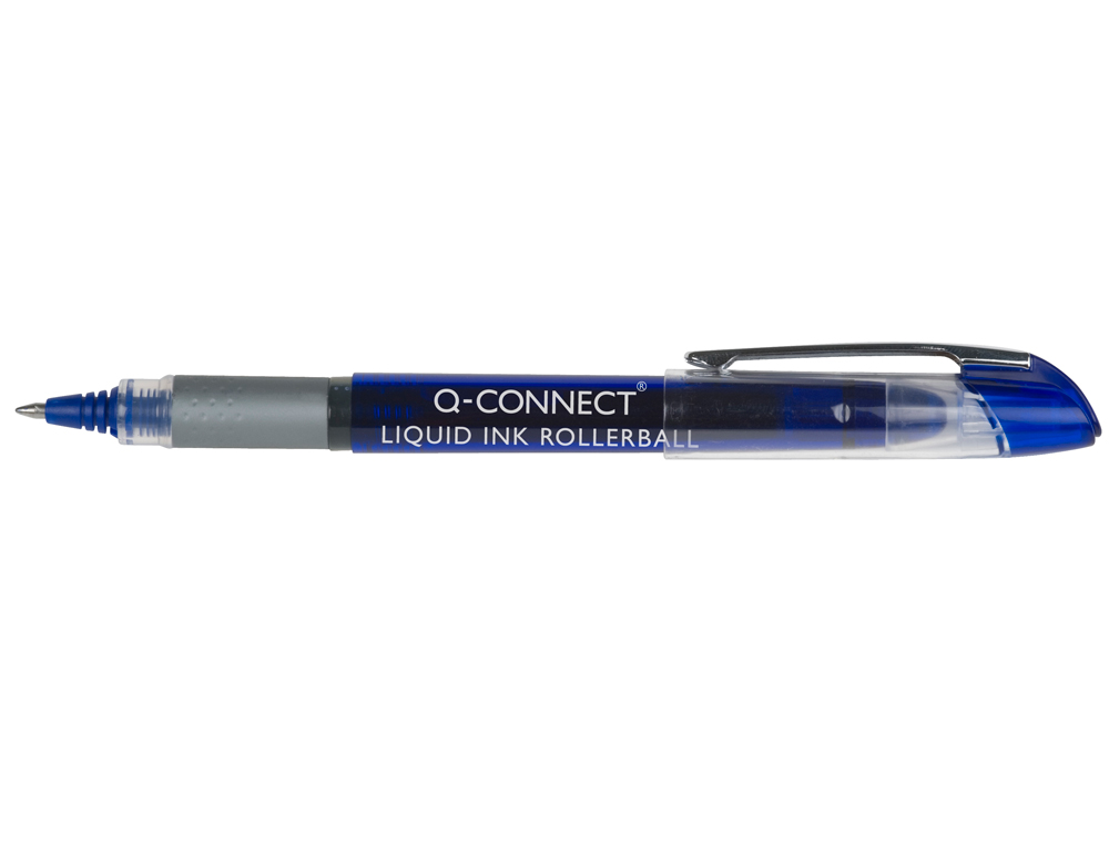 ROLLER Q-CONNECT CRITURE 0.5MM POINTE MOYENNE 0.7MM GRIP CAOUTCHOUC CORPS TRANSPARENT ENCRE LIQUIDE COULEUR BLEU