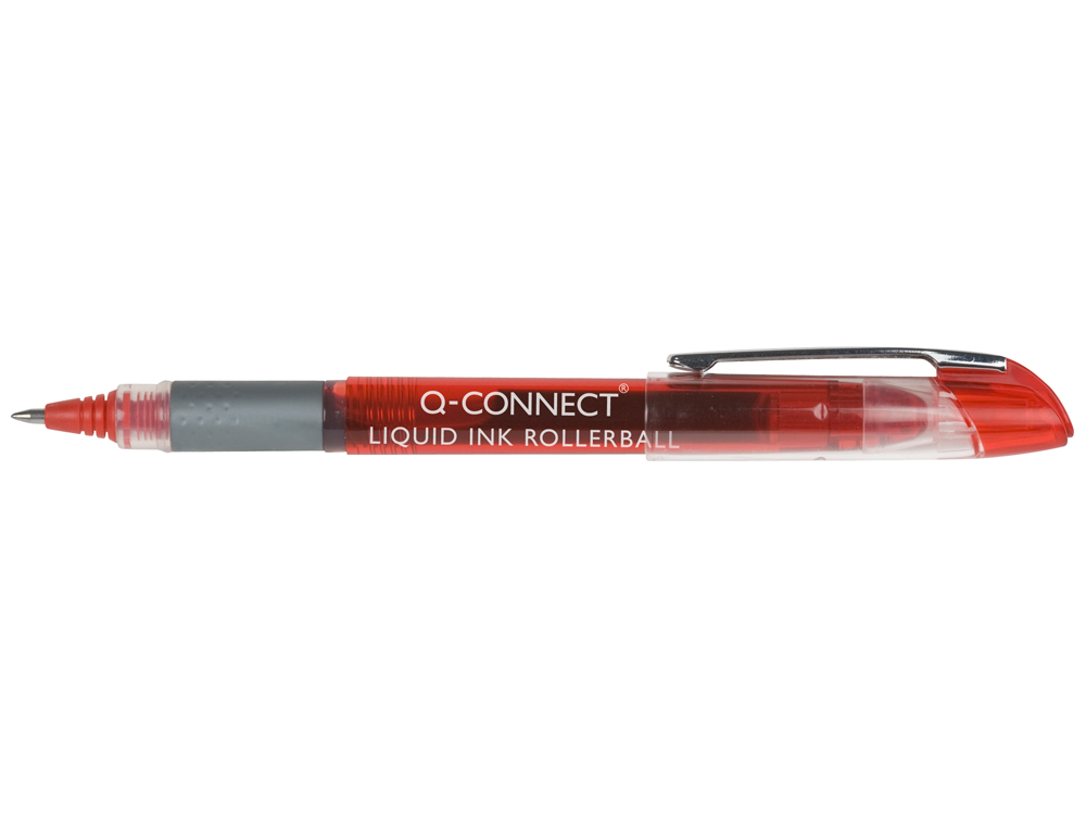 ROLLER Q-CONNECT CRITURE 0.5MM POINTE MOYENNE 0.7MM GRIP CAOUTCHOUC CORPS TRANSPARENT ENCRE LIQUIDE COULEUR ROUGE