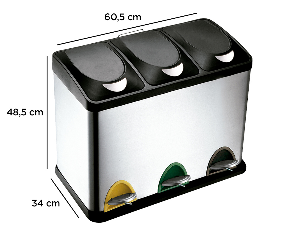 POUBELLE Q-CONNECT MÉTALLIQUE PÉDALE COUVERCLE PLASTIQUE 45L 3 COMPARTIMENTS 15L