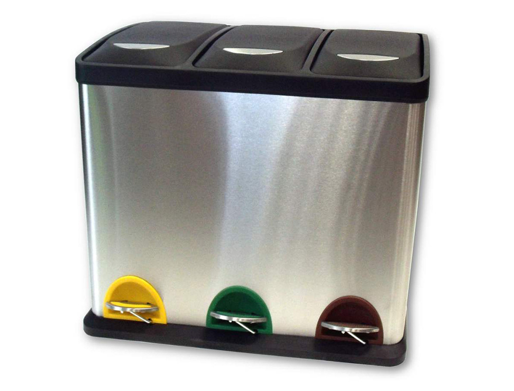 POUBELLE Q-CONNECT MÉTALLIQUE PÉDALE COUVERCLE PLASTIQUE 45L 3 COMPARTIMENTS 15L