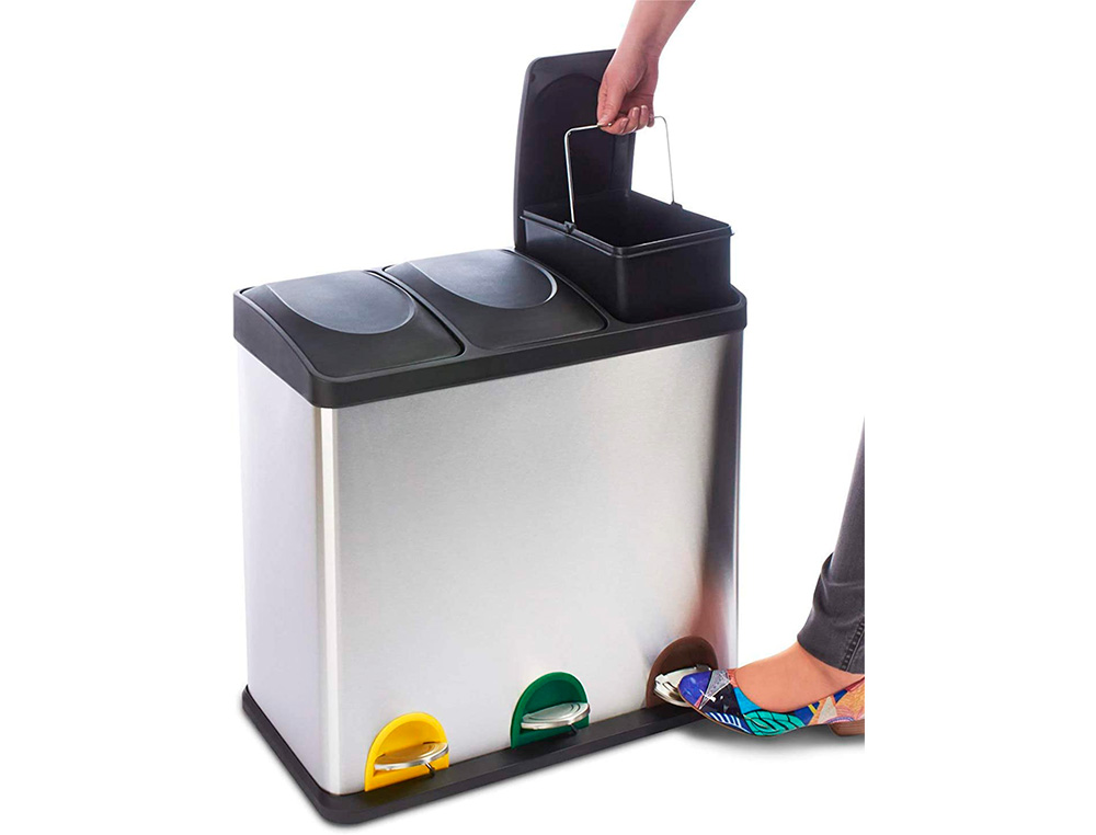 POUBELLE Q-CONNECT MÉTALLIQUE PÉDALE COUVERCLE PLASTIQUE 45L 3 COMPARTIMENTS 15L
